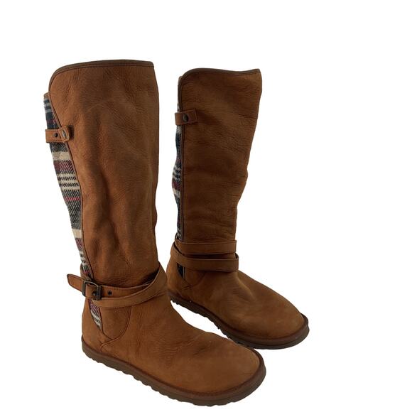 Ugg Tan Suede & Plaid Blanket Tall Riding Boots Women Size 9 Preowned - Picture 1 of 7